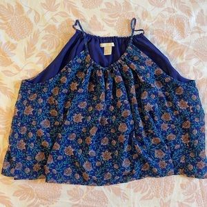 H&M, 4, blue and floral flowy tank top with adjustable neck.